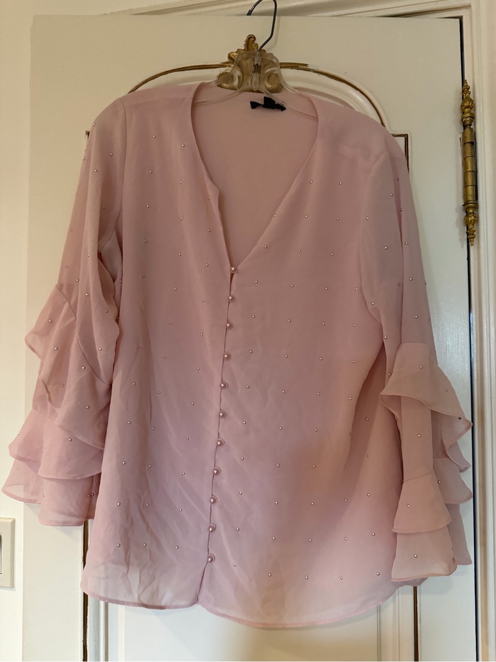Alfani Pink V-Neck Ruffle Sleeve Blouse with Pearl Button Accents